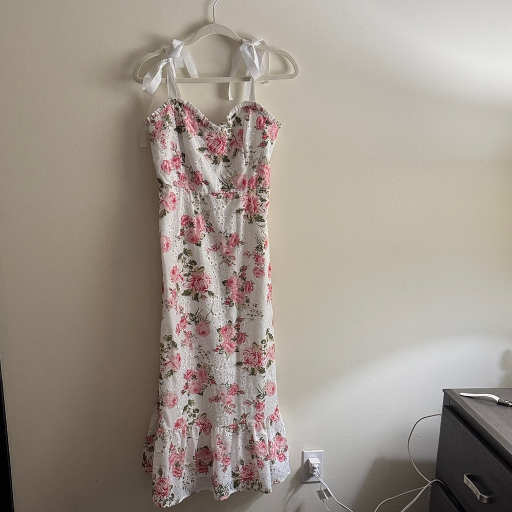 SugarLips Floral White and Pink Dress with Ruffle Hem